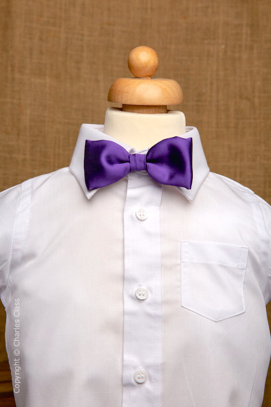 Boys White Italian Collar Shirt with Purple Dickie Bow