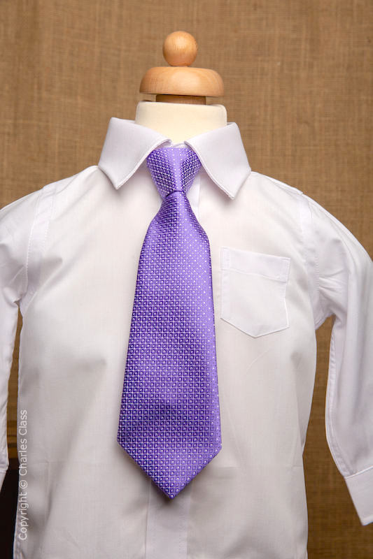 Boys White Italian Collar Shirt with Purple Polka Dot Tie