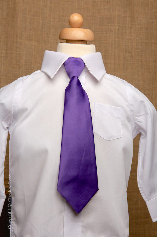 Boys White Italian Collar Shirt with Purple Tie