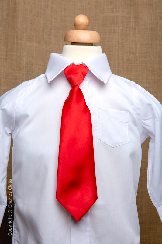 Boys White Italian Collar Shirt with Red Tie