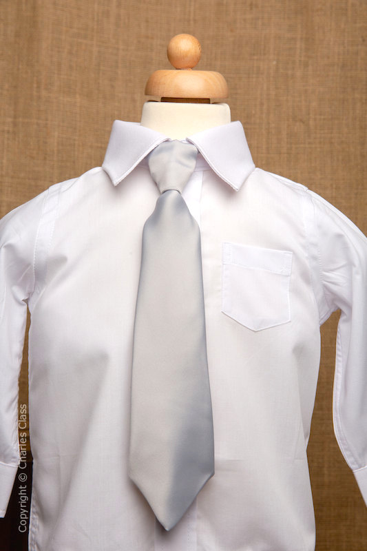 Boys White Italian Collar Shirt with Silver Tie
