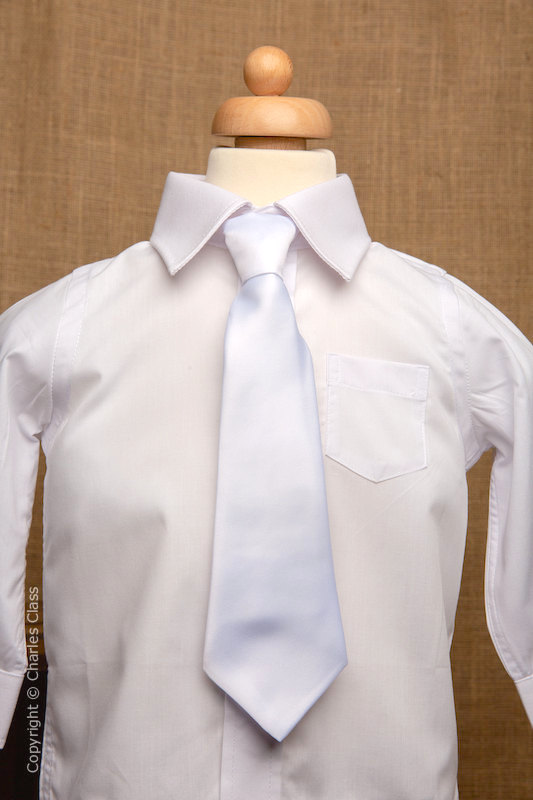 Boys White Italian Collar Shirt with White Tie