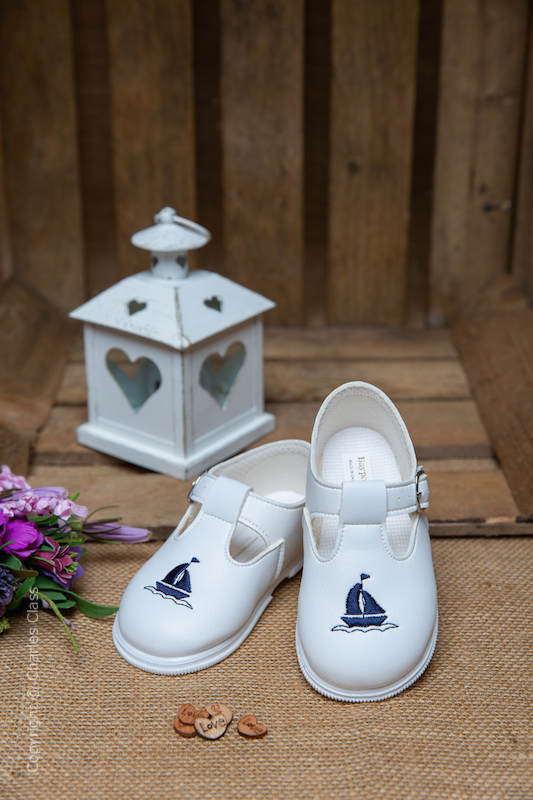 Boys White with Navy Yacht T Bar Shoes by Baypods