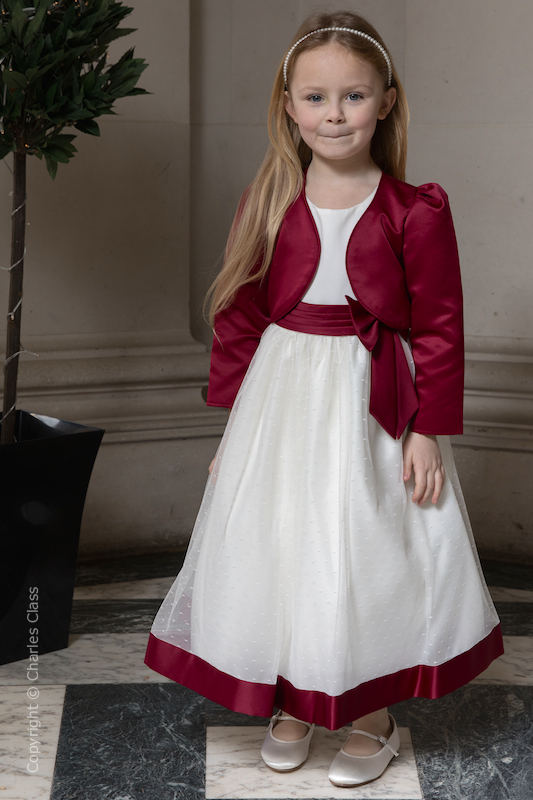 Girls Ivory with Burgundy Bow Dress & Bolero - Sophia