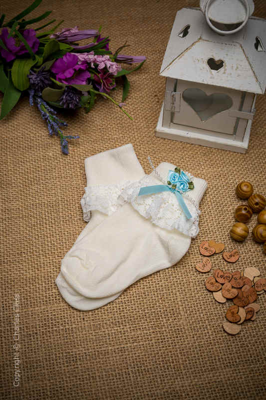 Girls Ivory Lace Ankle Socks with Baby Blue Flower Cluster