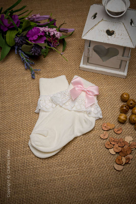 Girls Ivory Lace Cotton Ankle Socks with Baby Pink Bows