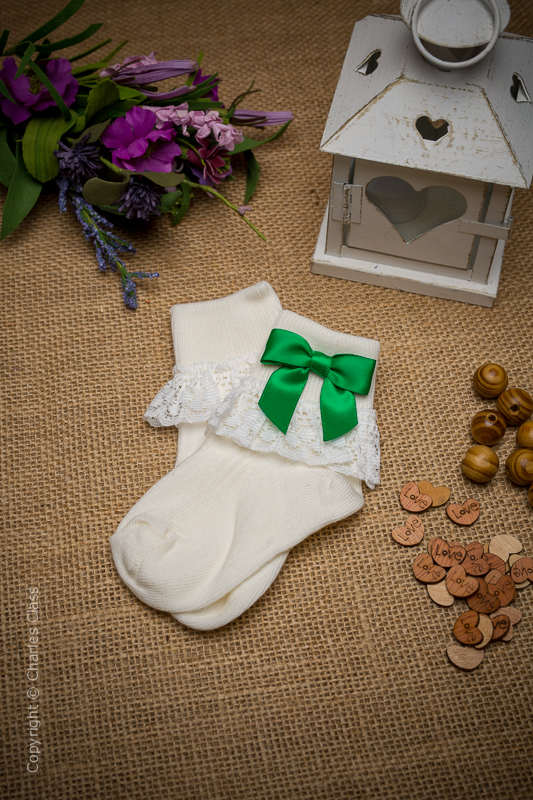 Girls Ivory Lace Ankle Socks with Emerald Green Bows