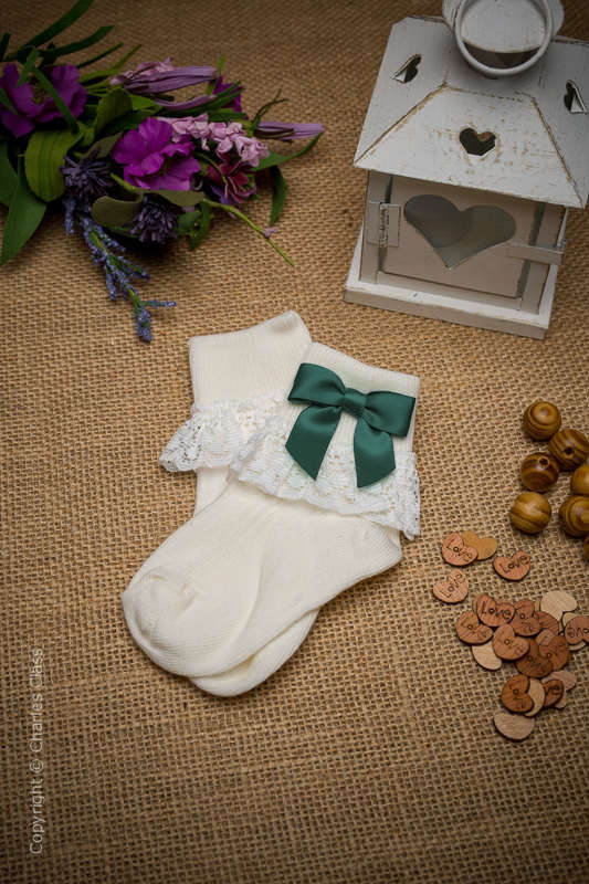 Girls Ivory Lace Ankle Socks with Forest Green Bows