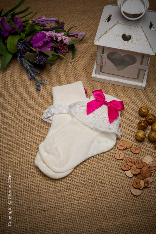 Girls Ivory Lace Cotton Ankle Socks with Hot Pink Bows