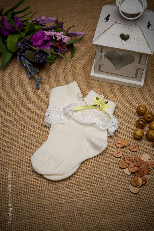 Girls Ivory Lace Ankle Socks with Lemon Flower Cluster