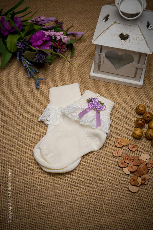 Girls Ivory Lace Ankle Socks with Lilac Flower Cluster