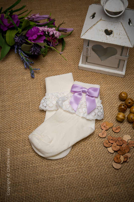 Girls Ivory Lace Cotton Ankle Socks with Lilac Bows