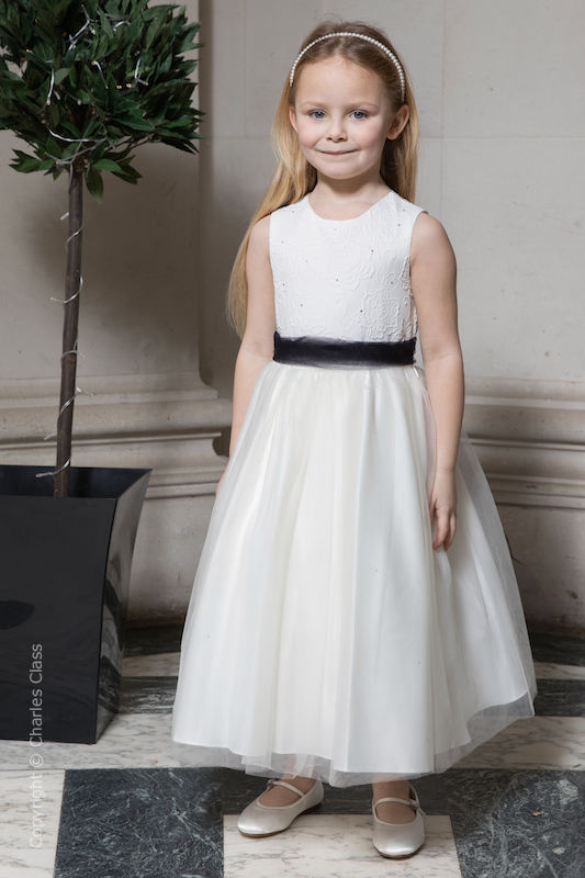 Girls Ivory Embroidered Dress with Black Organza Sash - Olivia