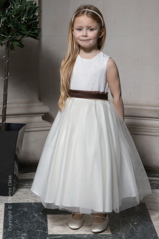 Girls Ivory Embroidered Dress with Brown Organza Sash - Olivia