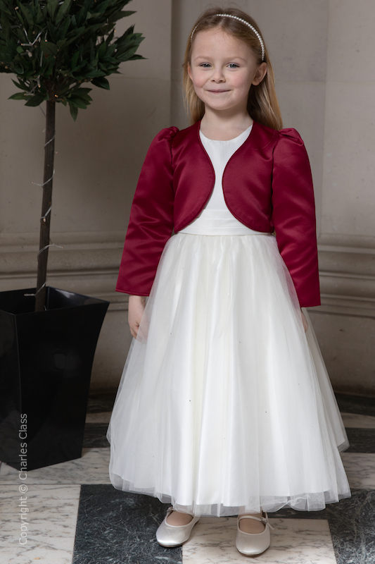 Girls Ivory Diamante Organza Dress with Burgundy Bolero - Grace