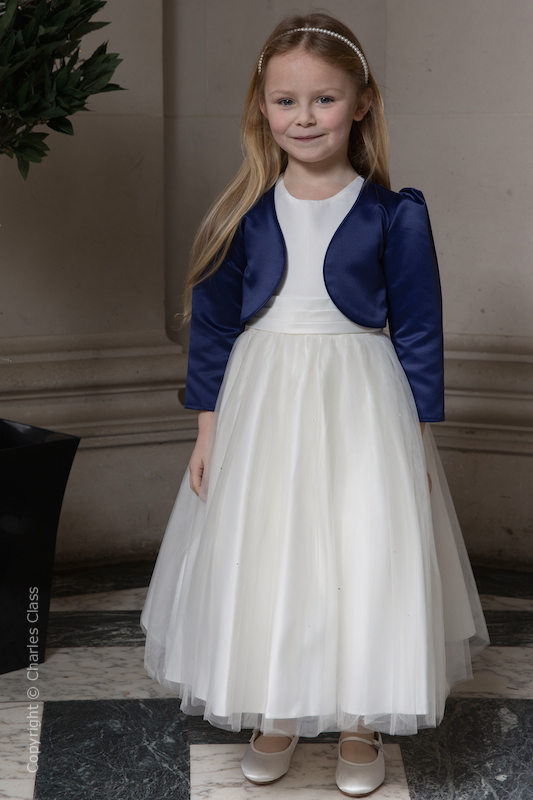 Girls Ivory Diamante Organza Dress with Navy Bolero - Grace