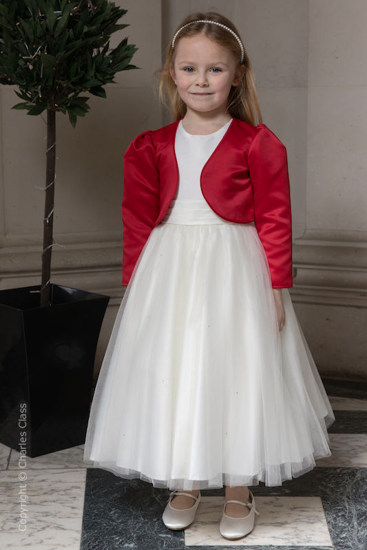 Girls Ivory Diamante Organza Dress with Red Bolero - Grace