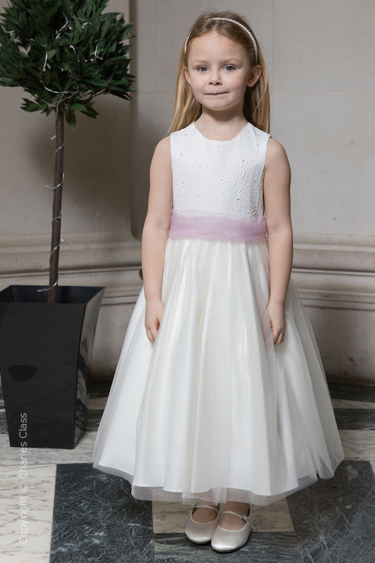 Girls Ivory Embroidered Dress with Dusky Pink Organza Sash - Olivia