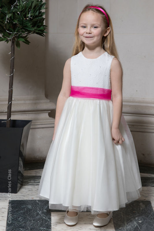 Girls Ivory Embroidered Dress with Hot Pink Organza Sash - Olivia