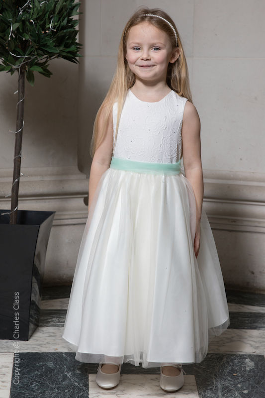 Girls Ivory Embroidered Dress with Mint Organza Sash - Olivia