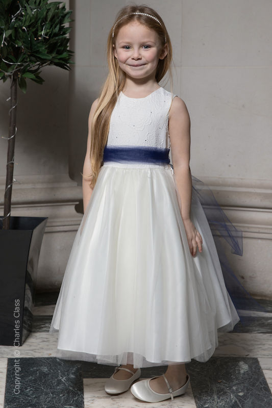 Girls Ivory Embroidered Dress with Navy Organza Sash - Olivia