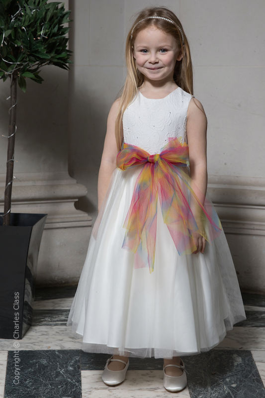 Girls Ivory Embroidered Dress with Rainbow Organza Sash - Olivia