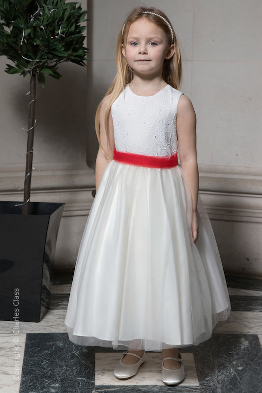 Girls Ivory Embroidered Dress with Red Organza Sash - Olivia