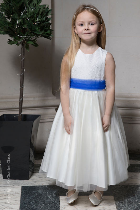 Girls Ivory Embroidered Dress with Royal Organza Sash - Olivia
