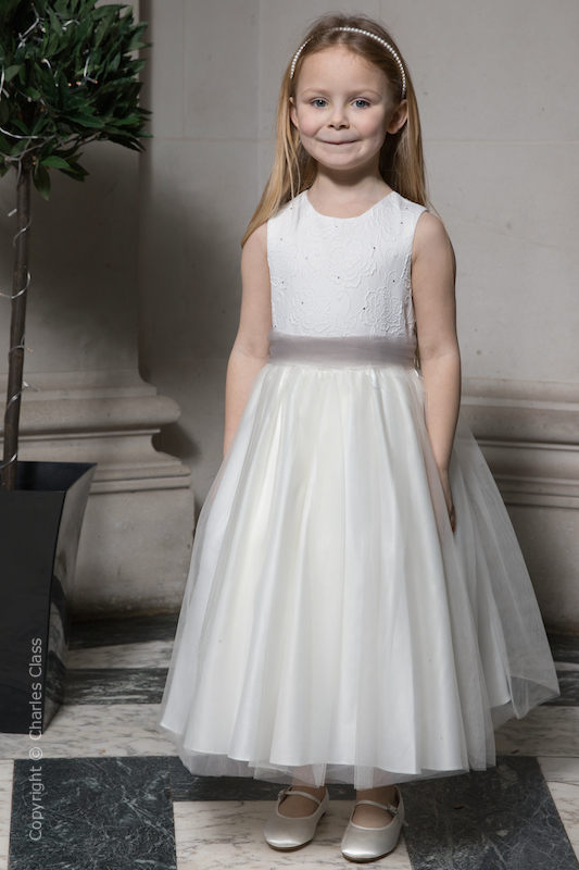 Girls Ivory Embroidered Dress with Silver Organza Sash - Olivia