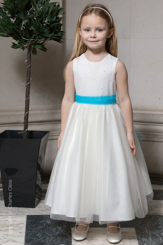Girls Ivory Embroidered Dress with Turquoise Organza Sash - Olivia