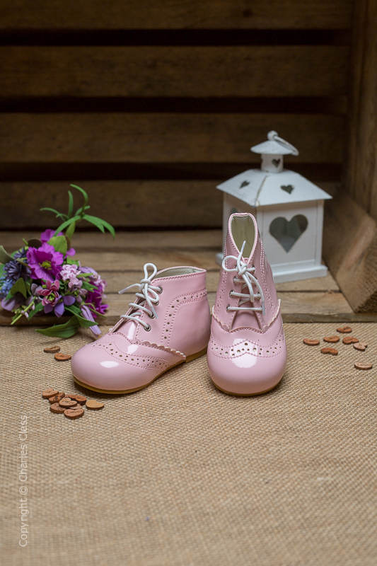 Girls Pink Brogue Patent Leather Lace Up Boots
