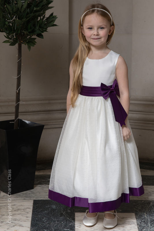 Girls Ivory with Purple Bow Flower Girl Dress - Sophia