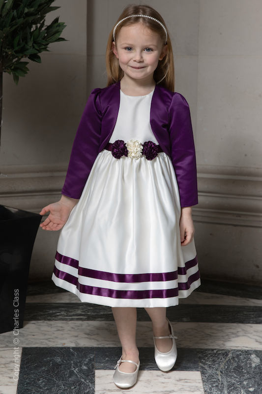 Girls Ivory with Purple Flower Corsage Dress & Bolero - Libby