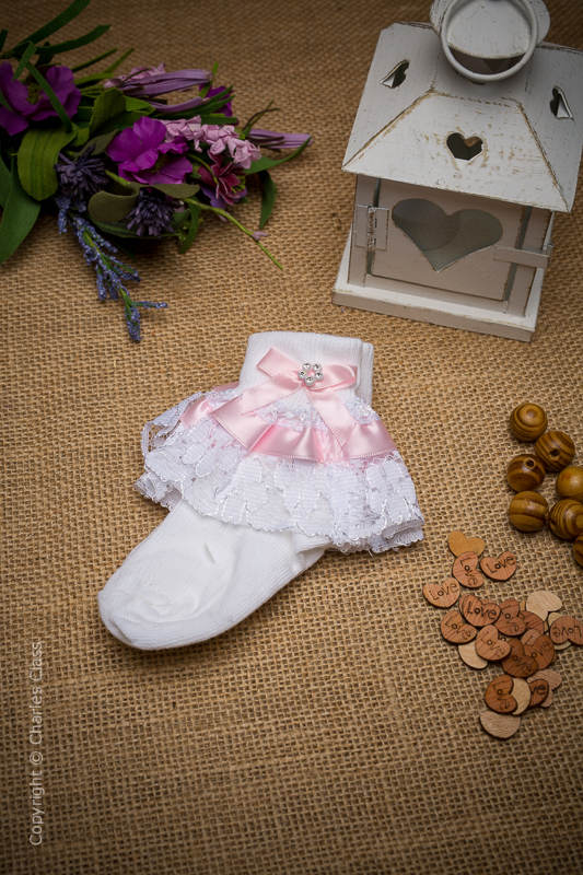 Girls White & Pink Diamante Bow Lace Ankle Socks