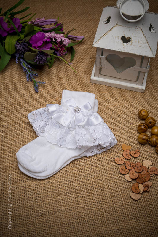 Girls White Diamante Bow Lace Flower Girl Ankle Socks