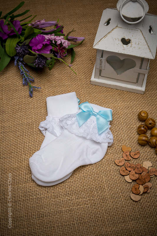 Girls White Lace Cotton Ankle Socks with Baby Blue Bows