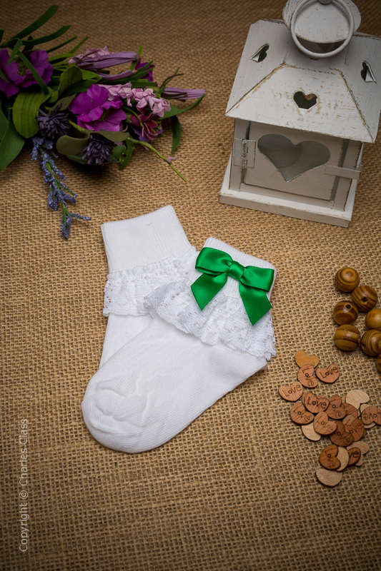 Girls White Lace Ankle Socks with Emerald Green Bows