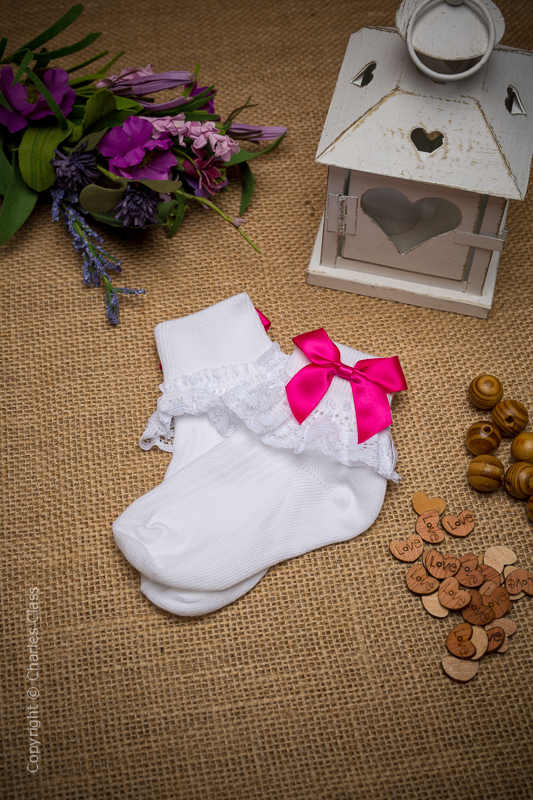 Girls White Lace Cotton Ankle Socks with Hot Pink Bows