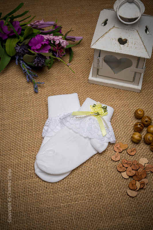 Girls White Lace Ankle Socks with Lemon Flower Cluster