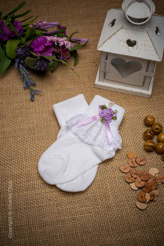 Girls White Lace Ankle Socks with Lilac Flower Cluster