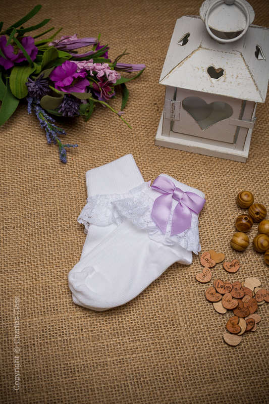 Girls White Lace Cotton Ankle Socks with Lilac Bows