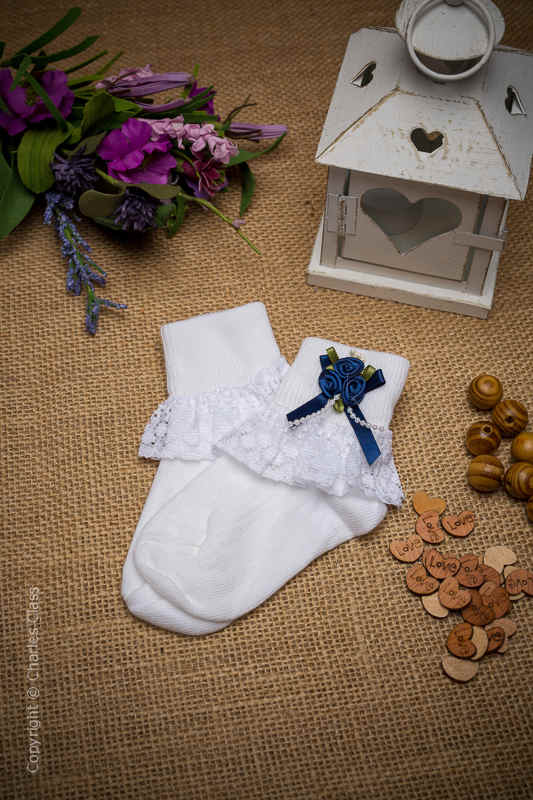 Girls White Lace Ankle Socks with Navy Flower Cluster