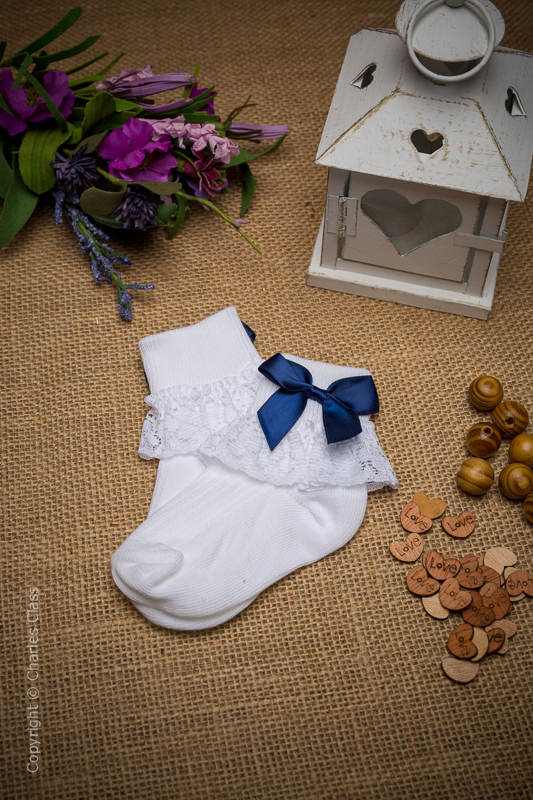 Girls White Lace Cotton Ankle Socks with Navy Bows