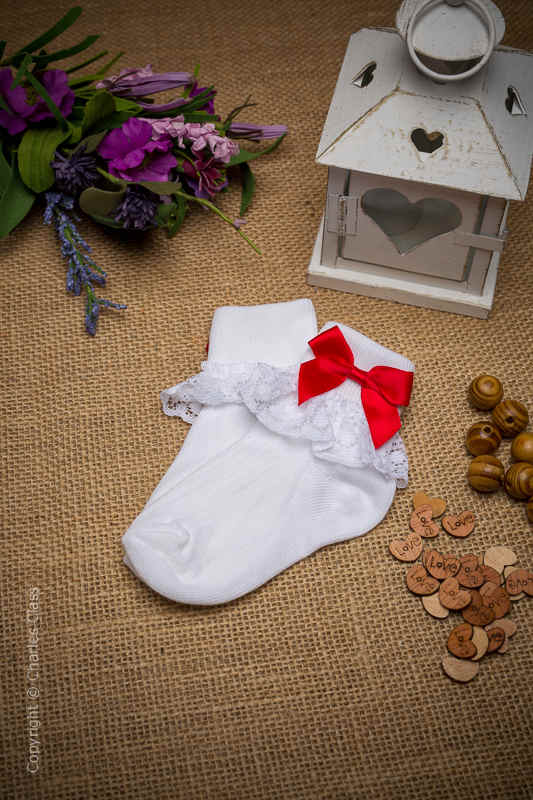 Girls White Lace Cotton Ankle Socks with Red Bows