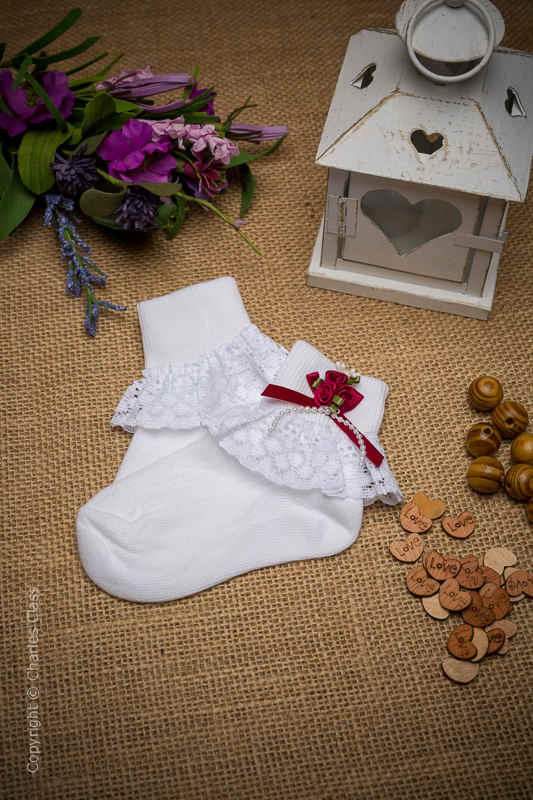 Girls White Lace Ankle Socks with Wine Flower Cluster