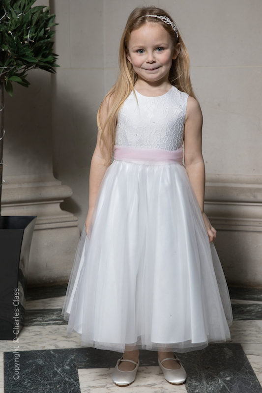 Girls White Embroidered Dress with Pink Organza Sash - Olivia
