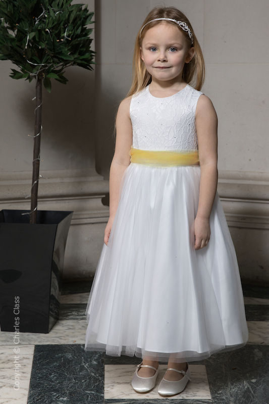 Girls White Embroidered Dress with Yellow Organza Sash - Olivia