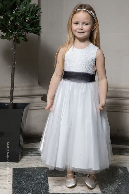Girls White Embroidered Dress with Black Organza Sash - Olivia