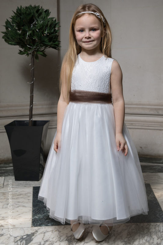 Girls White Embroidered Dress with Brown Organza Sash - Olivia
