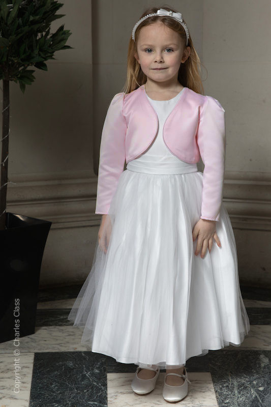 Girls White Diamante Organza Dress with Light Pink Bolero - Grace